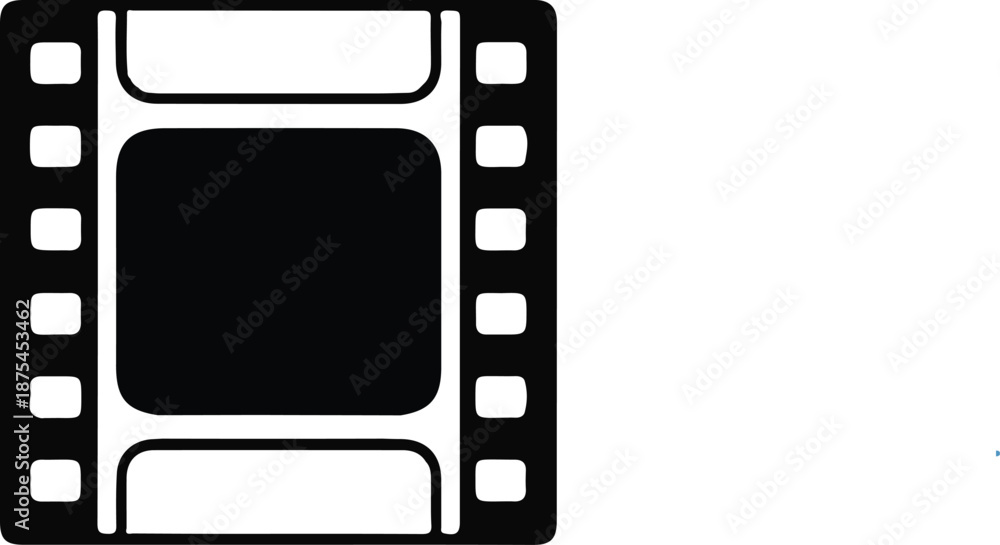 Obraz premium Film Strip Cinema Media Icon, Black silhouette icon of a film strip frame, representing cinema, movie production, video editing, analog film media, and visual storytelling concepts.