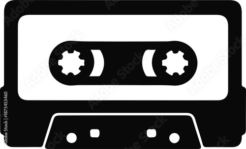 Audio Cassette Tape Retro Music Icon, Black silhouette icon of an audio cassette tape, representing analog music recording, mixtapes, retro media, and classic sound technology.

