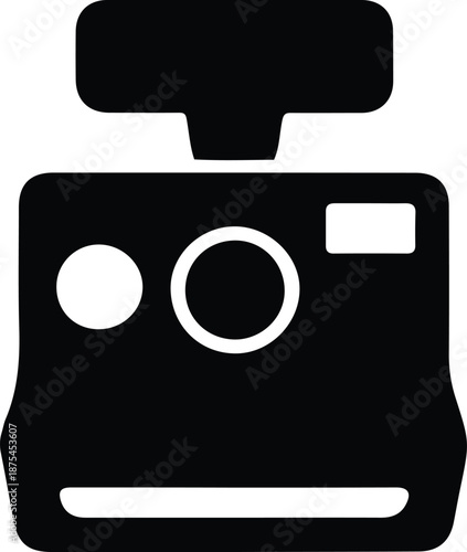 Instant Camera Photo Capture Icon, Black silhouette icon of an instant camera, symbolizing photography, photo printing, snapshots, memories, and retro camera technology in minimal style.

