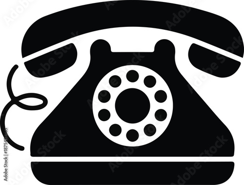 Rotary Telephone Vintage Communication Icon, Black silhouette icon of a classic rotary telephone, representing vintage communication, customer service, calling, and retro telecommunication technology
