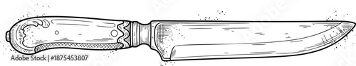 Detailed black and white vector illustration of a classic vintage steak or carving knife featuring an ornately decorated handle design isolated on white.