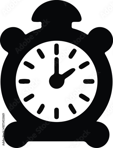 Alarm Clock Time Reminder Icon, Black silhouette icon of an alarm clock showing time, symbolizing wake up, punctuality, scheduling, deadlines, and time management concepts.

