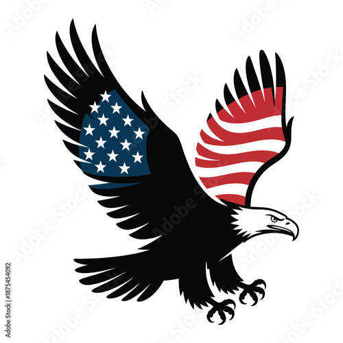 American bald eagle flying with USA flag wings spread wide