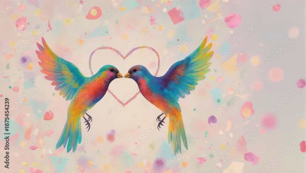 Obraz premium Colorful Love Birds with Heart in Romantic Scene.