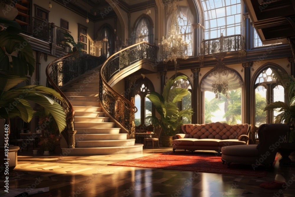 Obraz premium Elegant mansion foyer featuring a curving staircase, ornate railings, and plush seating