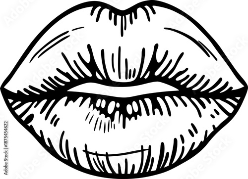 Detailed black and white sketch of human lips with textured shading and contour lines