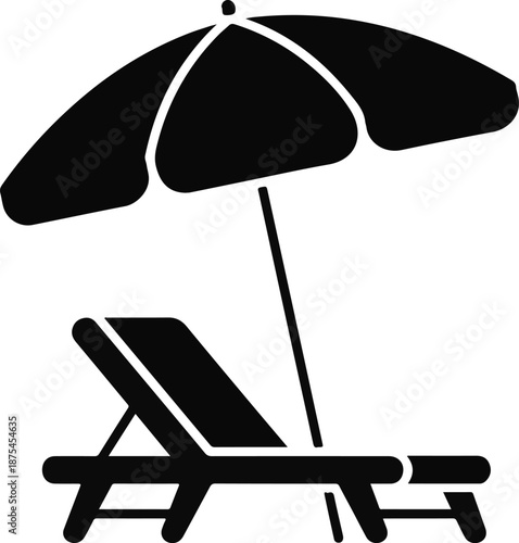 Simple black graphic of a beach lounger and umbrella