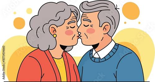 Loving elderly couple sharing a tender kiss, illustration of senior romance and affection