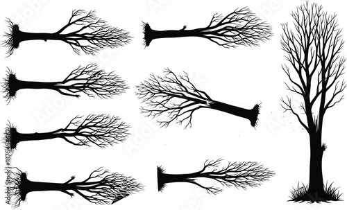 Black dead tree silhouettes with fallen trunks and bare branches for nature landscape design cad drawing flat vector illustration icons