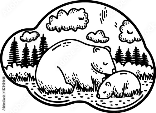 Bear mother and cub resting in forest clearing with pine trees and clouds outline drawing
