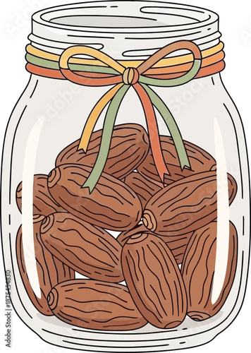 Decorative glass jar filled with almonds tied with colorful ribbon and bow for gifting or storage