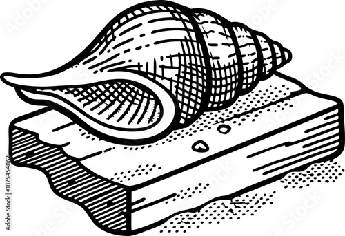 Conch shell resting on wooden plank with sand grains illustration