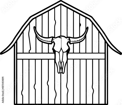Western barn with bull skull mounted on wooden walls silhouette design