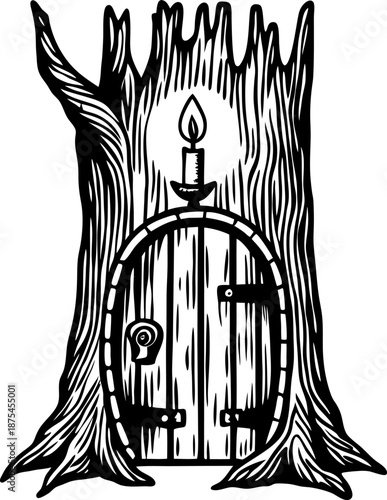 wooden door with candle in tree trunk, fantasy entrance, magical secret door in enchanted forest