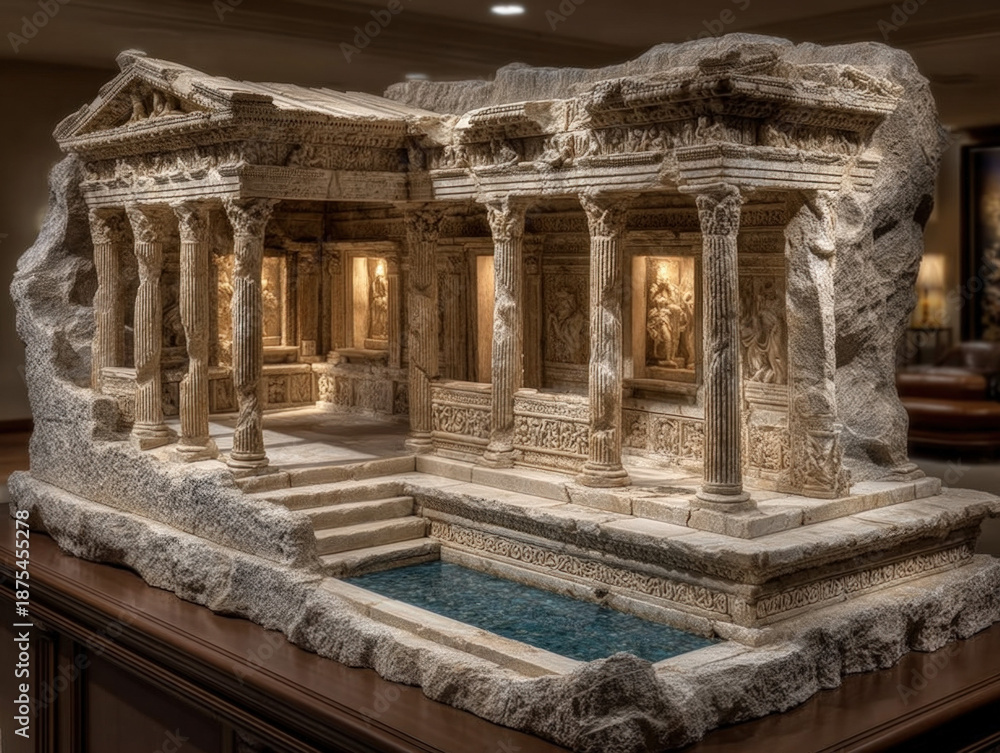 Obraz premium A detailed reconstruction of the ancient Pergamon altar with intricate carvings.