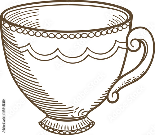 Vintage teacup with decorative patterns and ornate handle sketch illustration