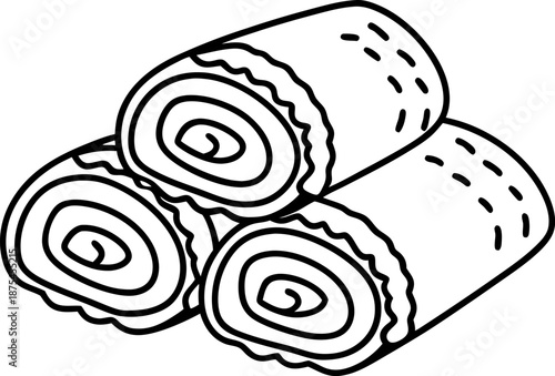 Rolled crepes stacked together with swirl filling, outline drawing on white background