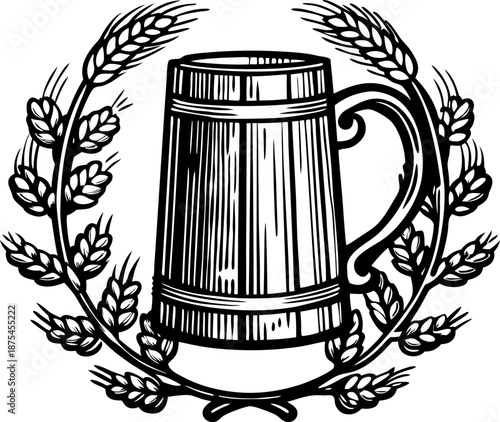 Traditional beer mug with barley wreath illustration in vintage engraving for beverage design