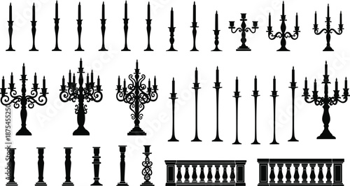 Black silhouette set of vintage candlesticks, elegant candelabras, ornate candle holders, and classical architectural balustrades, cad drawing flat vector illustration, isolated.