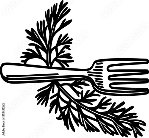 fork with fresh dill herb, culinary ingredient, black and white isolated design