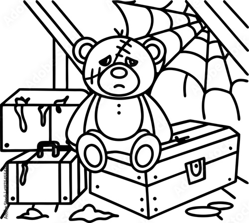 Sad plush bear sitting on old chest in dusty attic with cobwebs and old suitcases