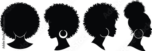 Black woman silhouette set with afro hair and curly hairstyles, African American female profiles, earrings, cad drawing flat vector illustration, beauty icons.