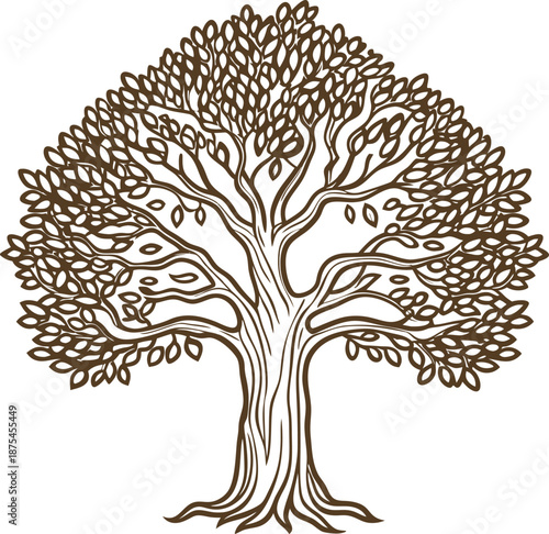 intricate hand drawn tree with detailed branches and leaves silhouette natural wooden design