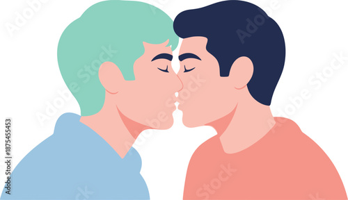Two men kissing illustration, romantic moment between a gay couple, love and affection concept