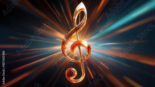Golden treble clef exploding with vibrant light rays
