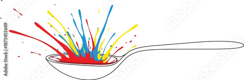 Minimalist line art illustration depicts a dynamic splash of vibrant red yellow and blue liquid exploding upwards from the bowl of a simple serving spoon concept design
