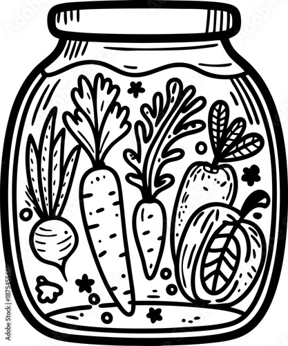 Jar with pickled carrots turnip and pumpkin vegetables in brine drawing illustration
