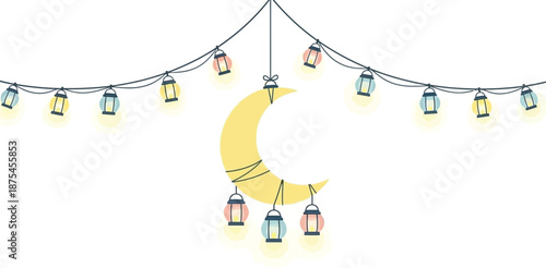 Decorative hanging lanterns and crescent moon against a string of colorful lights for festive