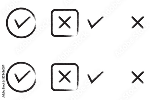 Brush, marker drawn check mark and cross icon set Collection of hand drawn drawn tick symbol, chalk checkmark illustration. Check mark grunge icon set. Hand drawn check tick mark icon set. x marks set