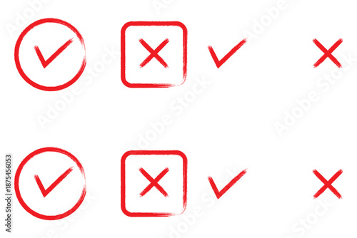 Brush, marker drawn check mark and cross icon set Collection of hand drawn drawn tick symbol, chalk checkmark illustration. Check mark grunge icon set. Hand drawn check tick mark icon set. x marks set