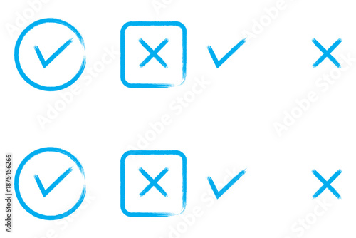 Brush, marker drawn check mark and cross icon set Collection of hand drawn drawn tick symbol, chalk checkmark illustration. Check mark grunge icon set. Hand drawn check tick mark icon set. x marks set