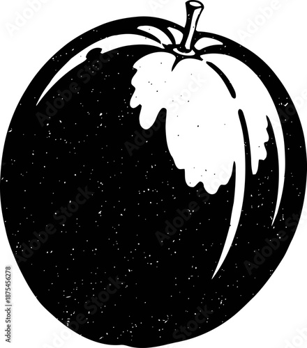 Black and white vintage apple illustration with textured shading and stem detail