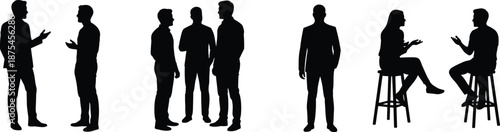 People silhouettes set with business conversations, group discussions, standing and sitting poses, professional men and women communicating in modern workplace scenarios