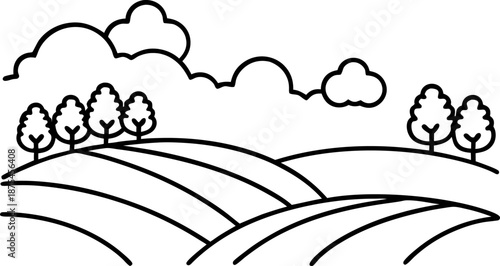 simple line art of rolling hills with trees and clouds, countryside landscape outline drawing