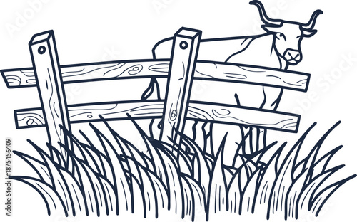 Cow standing behind wooden fence in grassy field with rural countryside setting