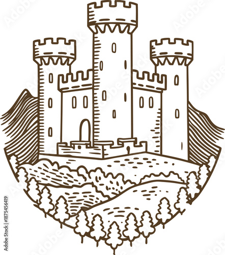 Medieval castle with three towers on a hill surrounded by trees and mountains