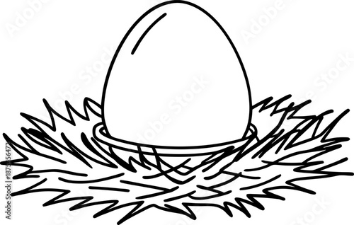 egg in nest outline drawing simple bird egg resting in straw nest, nature and wildlife concept