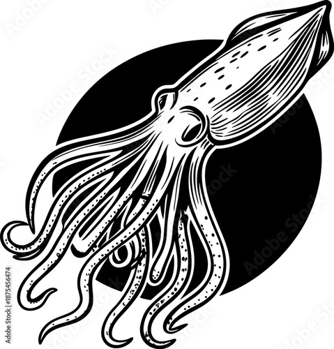 Detailed black and white squid illustration with tentacles and circular background design