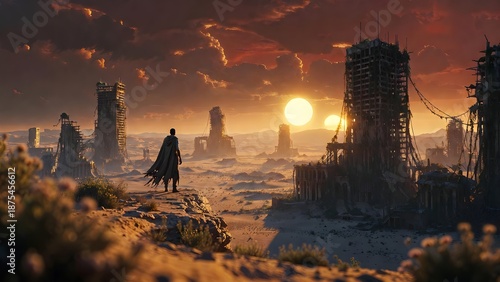 Post-Apocalyptic Landscape of a Ruined City in a Desert with a Lone Wanderer Under Two Suns