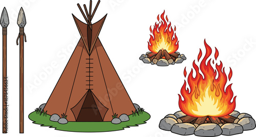 Cad Drawing Flat Vector Illustration of Indigenous Tipi Tent with Campfire Bonfire and Tribal Spears for Native American Heritage and Camping Design