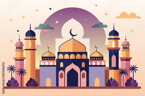 Vibrant illustration of a grand mosque with multiple domes and tall minarets, set against a warm sunset. Palm trees and soft clouds create a festive, cultural ambiance.