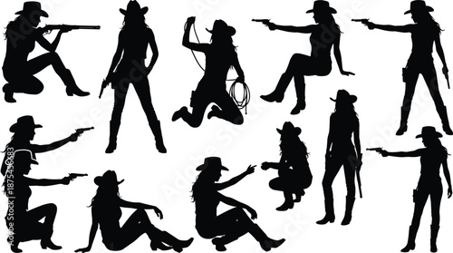 Wild West Cowgirl Silhouette Collection Featuring Female Gunslinger Poses, Cowboy Hats, Revolvers, Lasso Action, and Western Outlaw Black Vector Illustration Set
