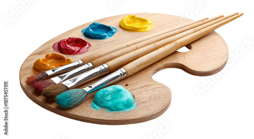 Wooden palette with colorful blobs of paint and a variety of paintbrushes ready to create art