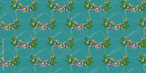 Cracked Eggshell and Floral Bouquet Chalk Effect Seamless Pattern Spring Seasonal Creative Backdrop. Isolated Vector illustration Easter Themed Card Background Party Invite Banner, leaflet, label, tag
