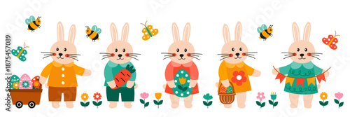 Easter bunnies collection, cute bunny characters celebrating Easter, enjoy a lively gathering in a garden.