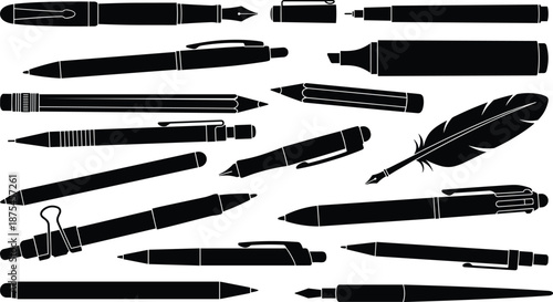 Writing Instruments Silhouette Collection Featuring Pens, Pencils, Fountain Pens, Markers, Quill, and Office Stationery Tools Black Vector Illustration Set